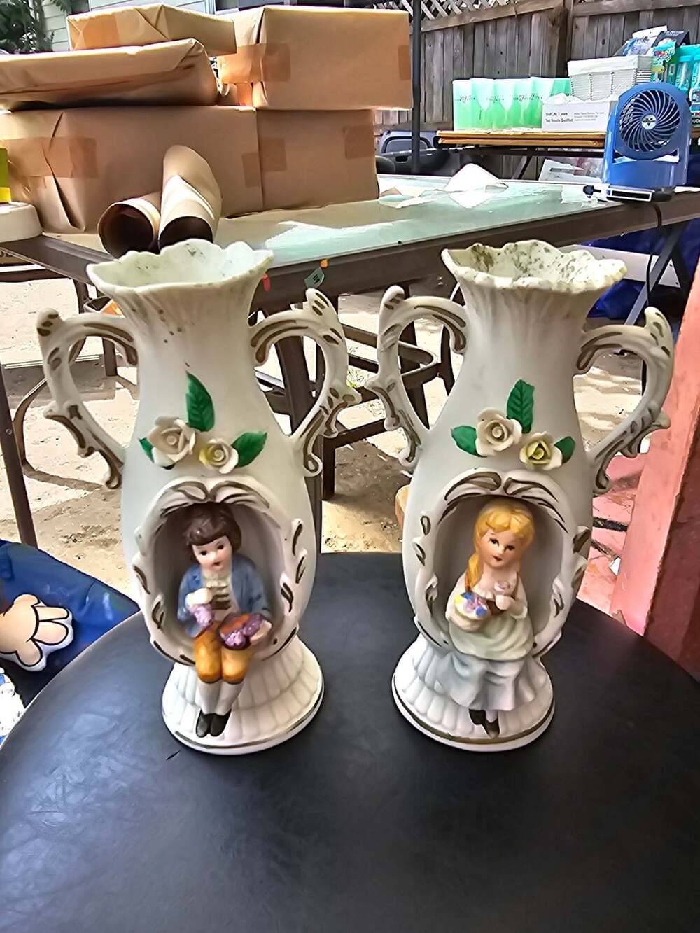 Vintage Porcelain 3D Figural Couple Vases with Gold Trim - Set of 2